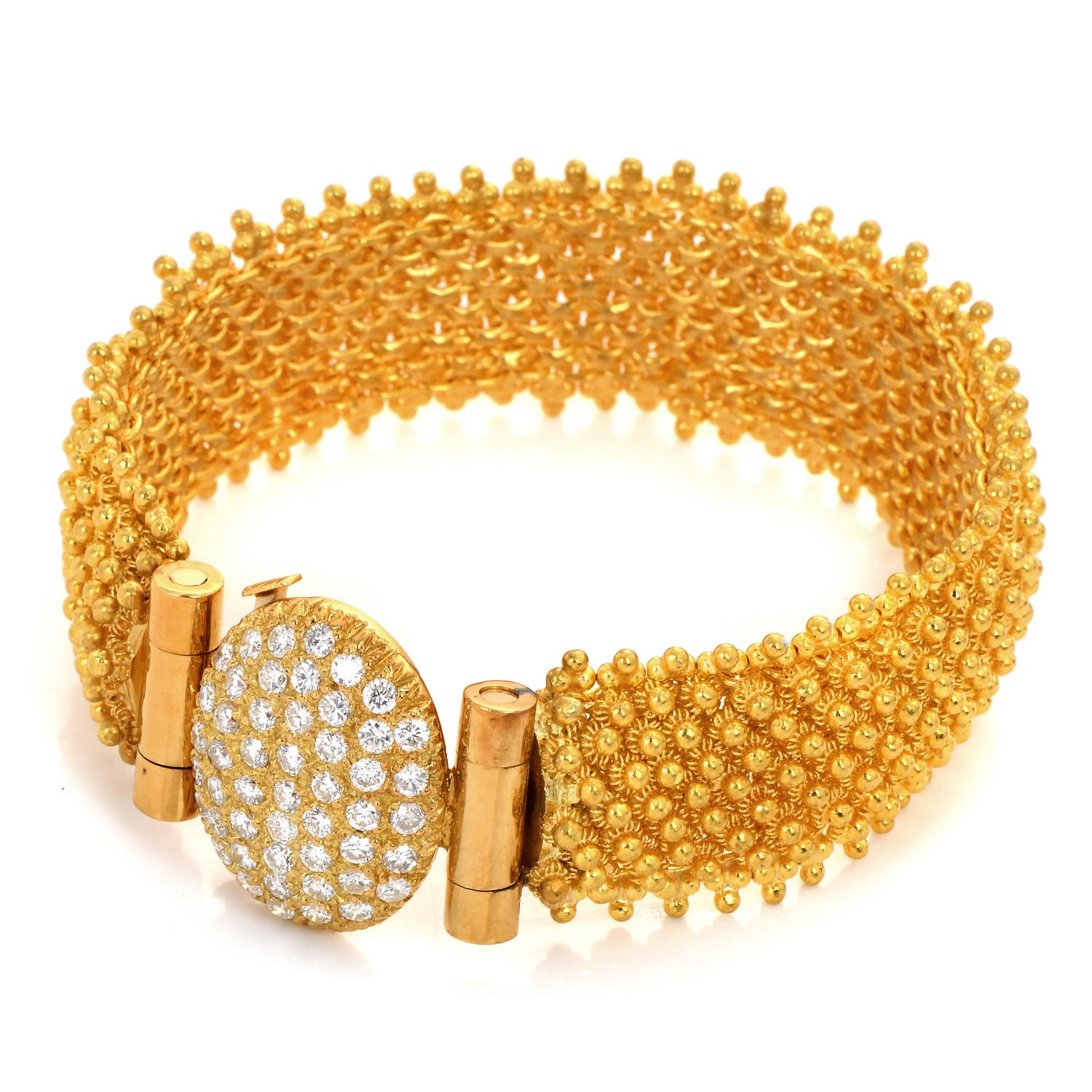 Mesh 1,50 Karat Diamant 24 Karat Vintage  Gelbgoldenes Perlenarmband mit A-Link-Mesh-Armband (Rundschliff) im Angebot