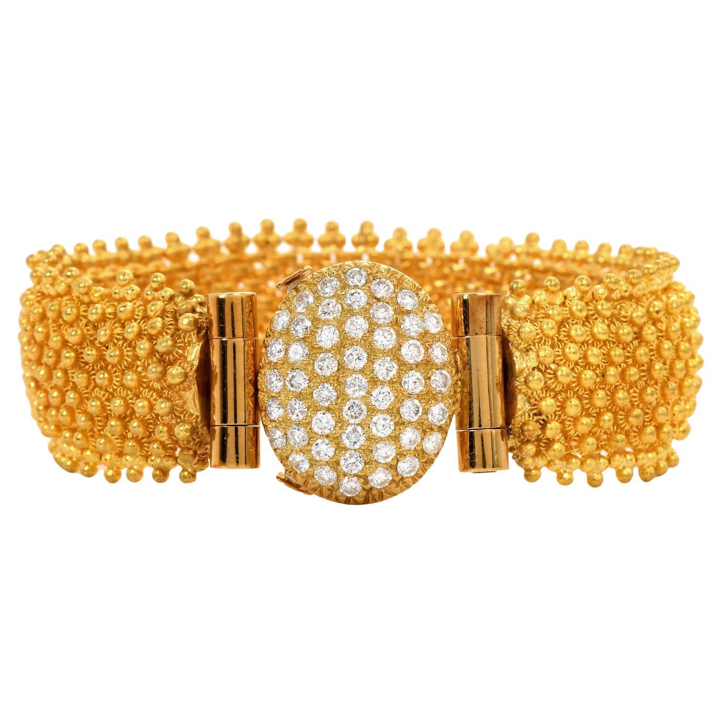 Mesh 1,50 Karat Diamant 24 Karat Vintage  Gelbgoldenes Perlenarmband mit A-Link-Mesh-Armband