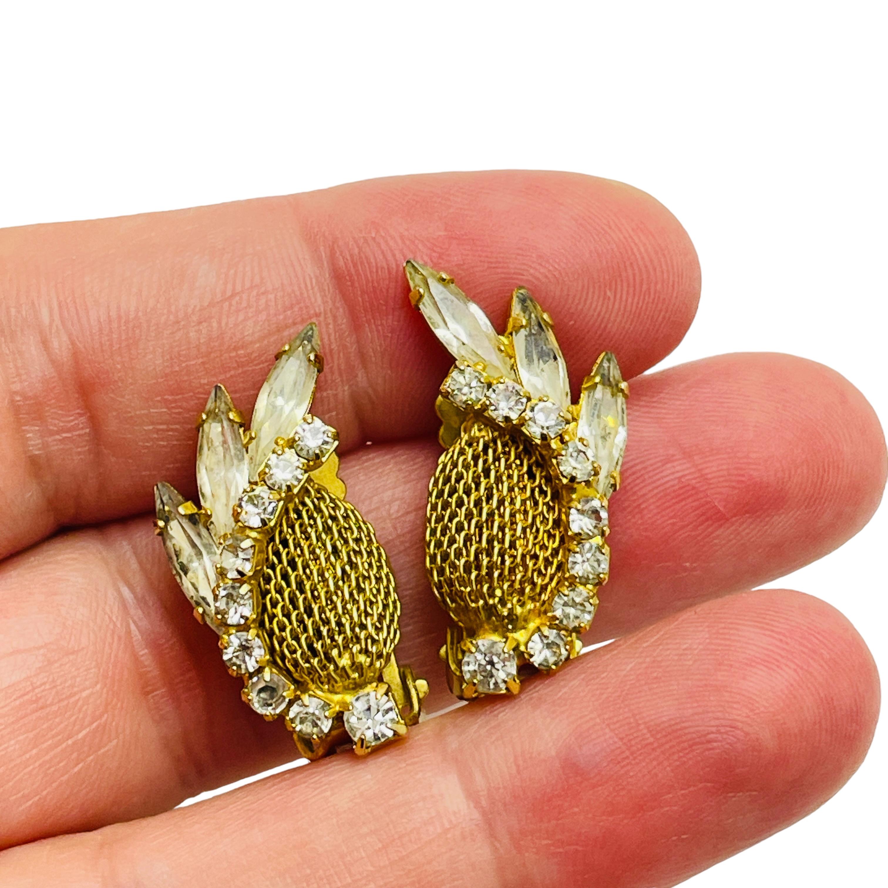 Women's Vintage mesh navette gold rhinestones designer clip on earrings For Sale