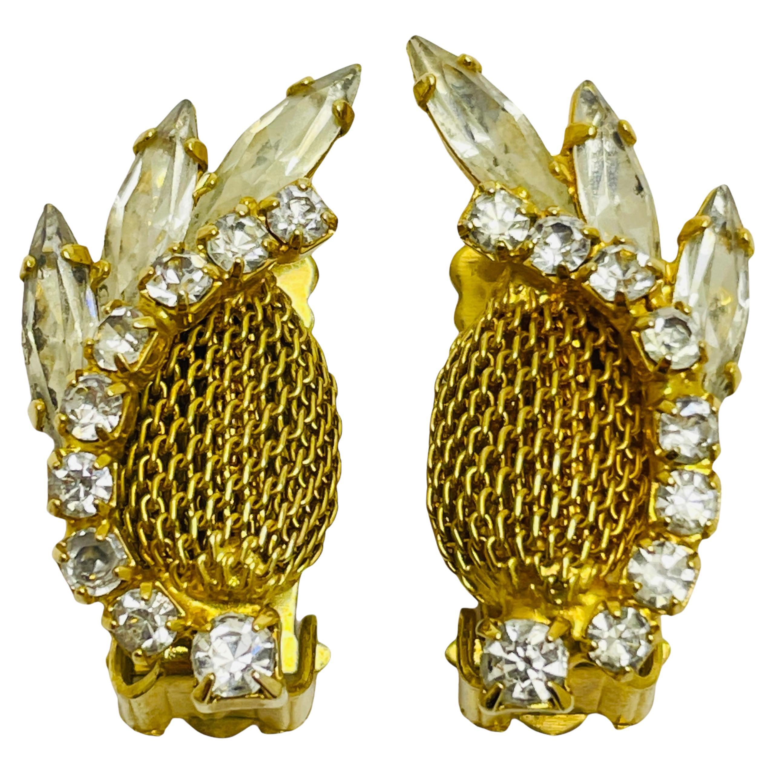 Vintage mesh navette gold rhinestones designer clip on earrings For Sale