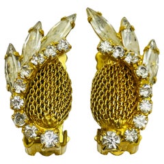 Vintage mesh navette gold rhinestones designer clip on earrings