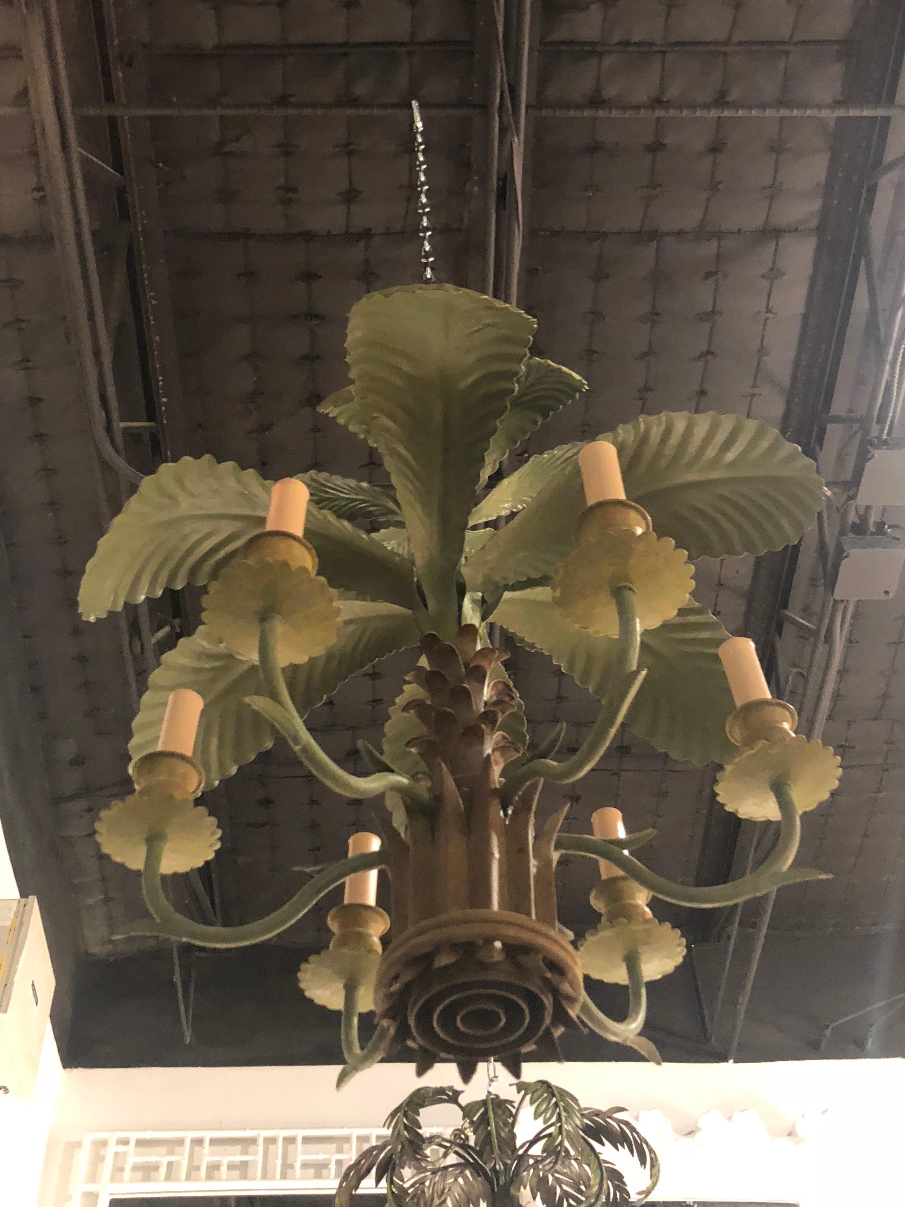 Vintage Metal Tole Palm Tree Frond Leaf Leaves 6-Light Chandelier 9