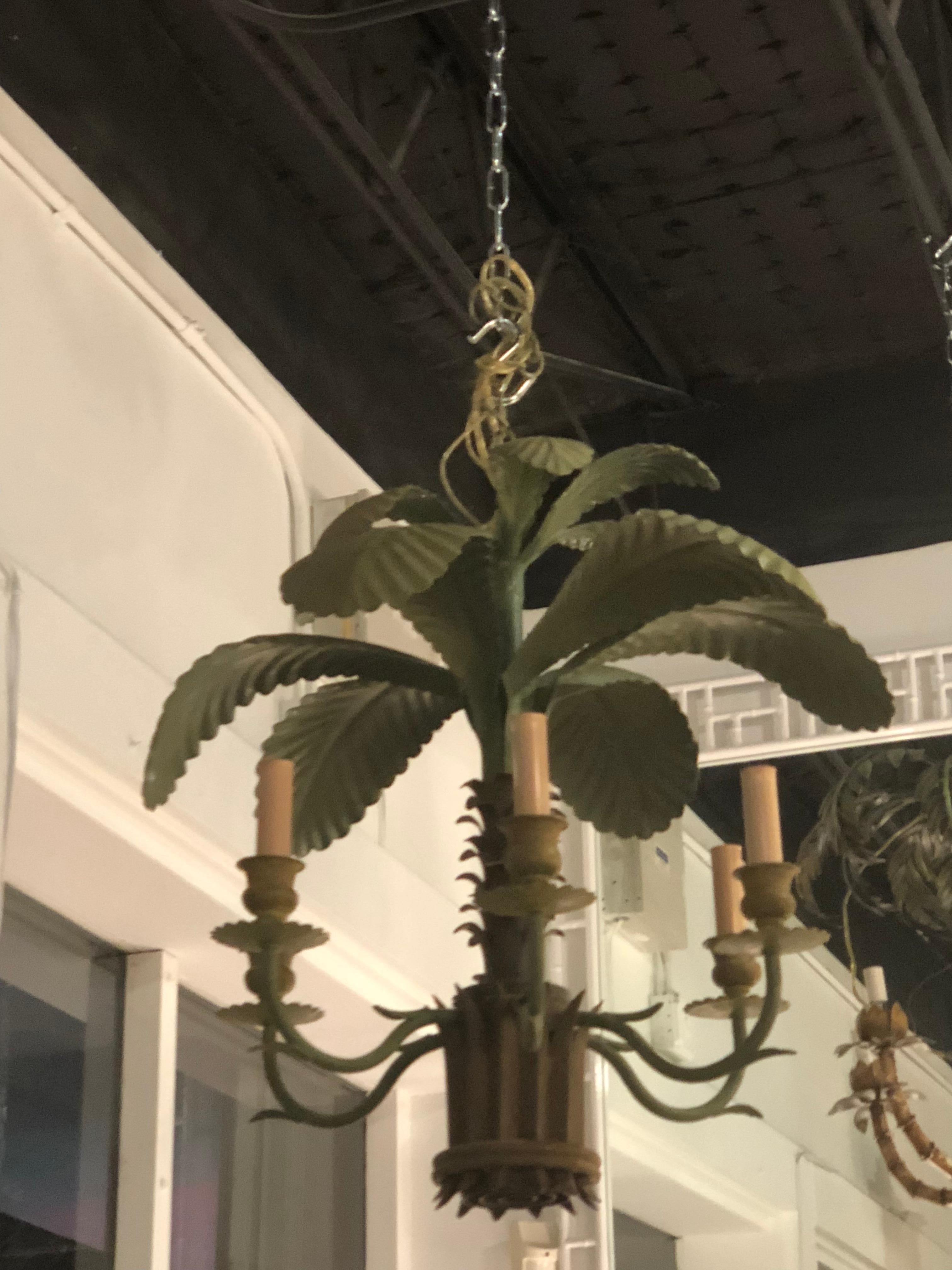 Vintage Metal Tole Palm Tree Frond Leaf Leaves 6-Light Chandelier 10