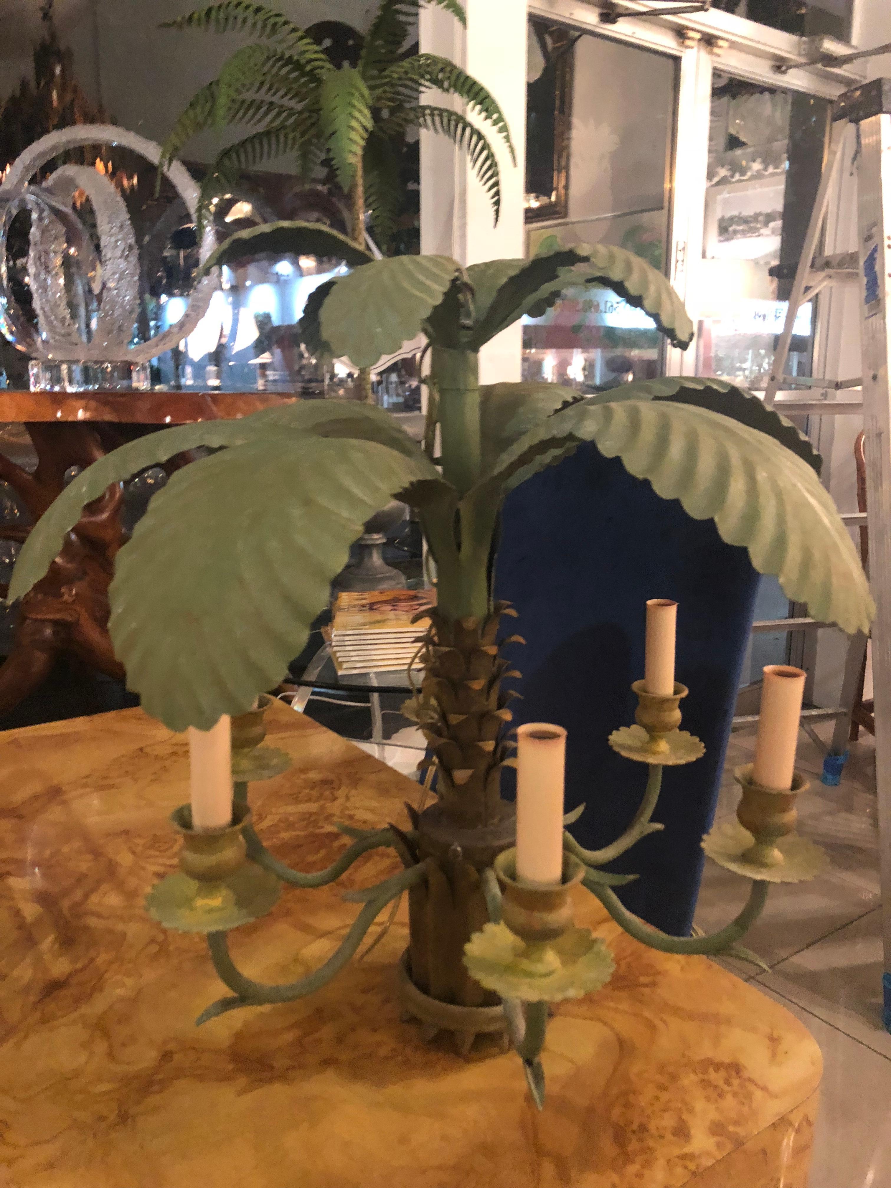 Late 20th Century Vintage Metal Tole Palm Tree Frond Leaf Leaves 6-Light Chandelier