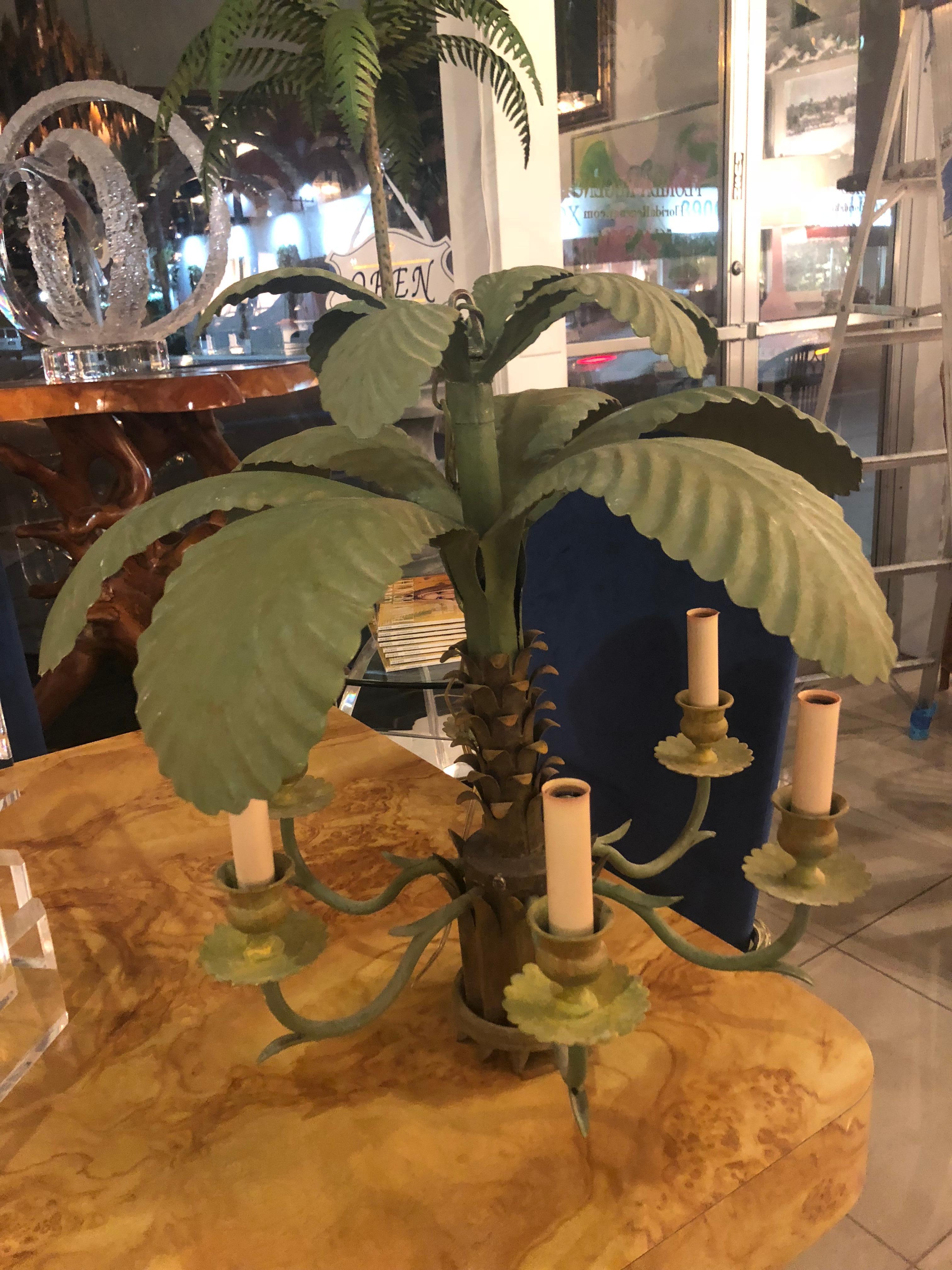Vintage Metal Tole Palm Tree Frond Leaf Leaves 6-Light Chandelier 1