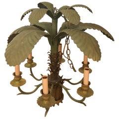 Vintage Metal Tole Palm Tree Frond Leaf Leaves 6-Light Chandelier
