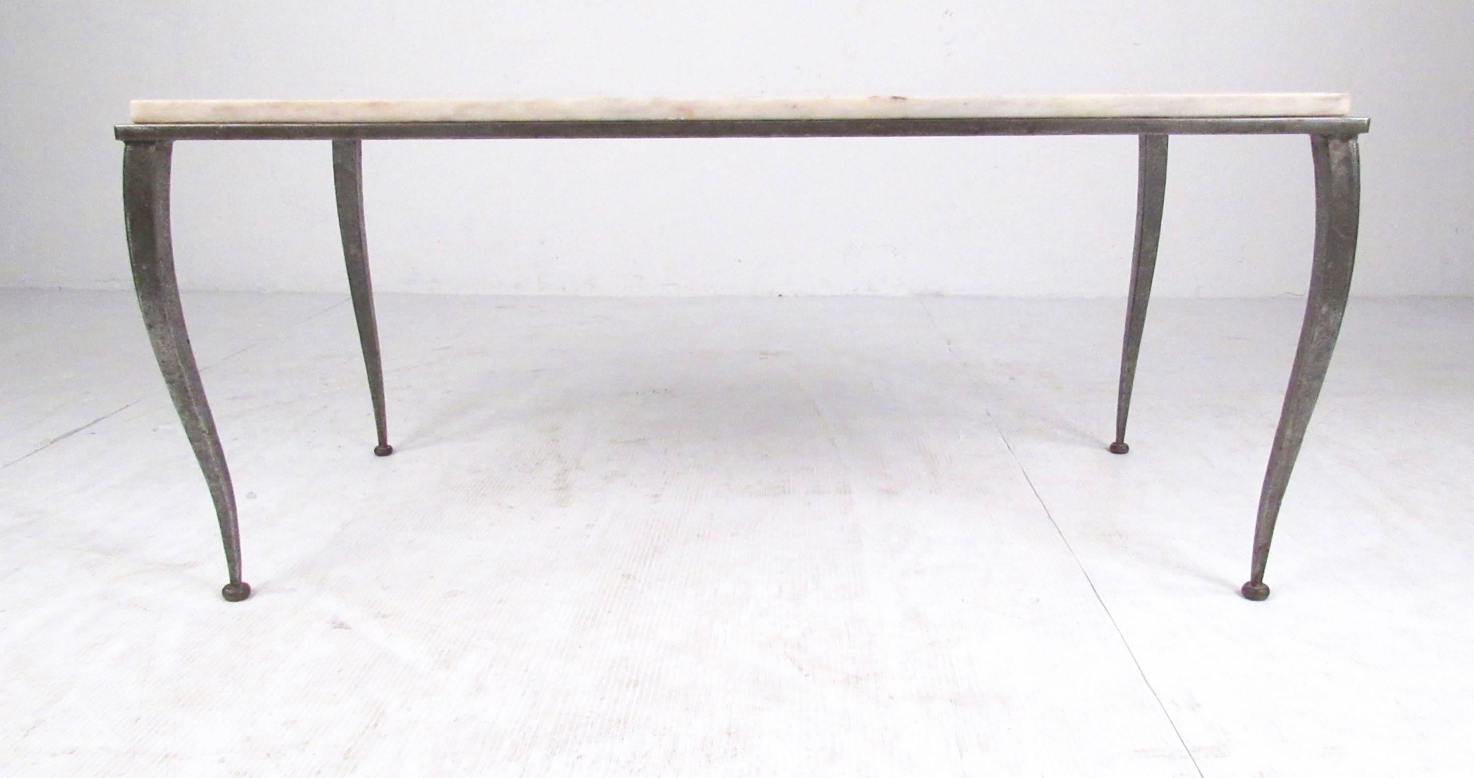 Rustic Vintage Metal and Marble Table in the Style of Jacques Adnet