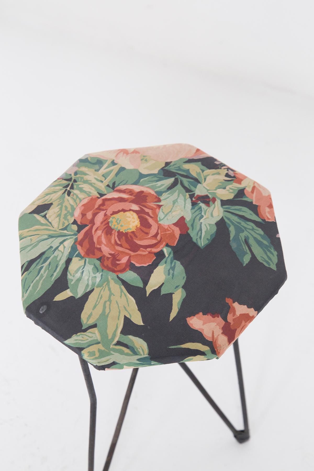 Mid-Century Modern Vintage Metal and Fabric Floral Stools for Rima att. Gio Ponti For Sale