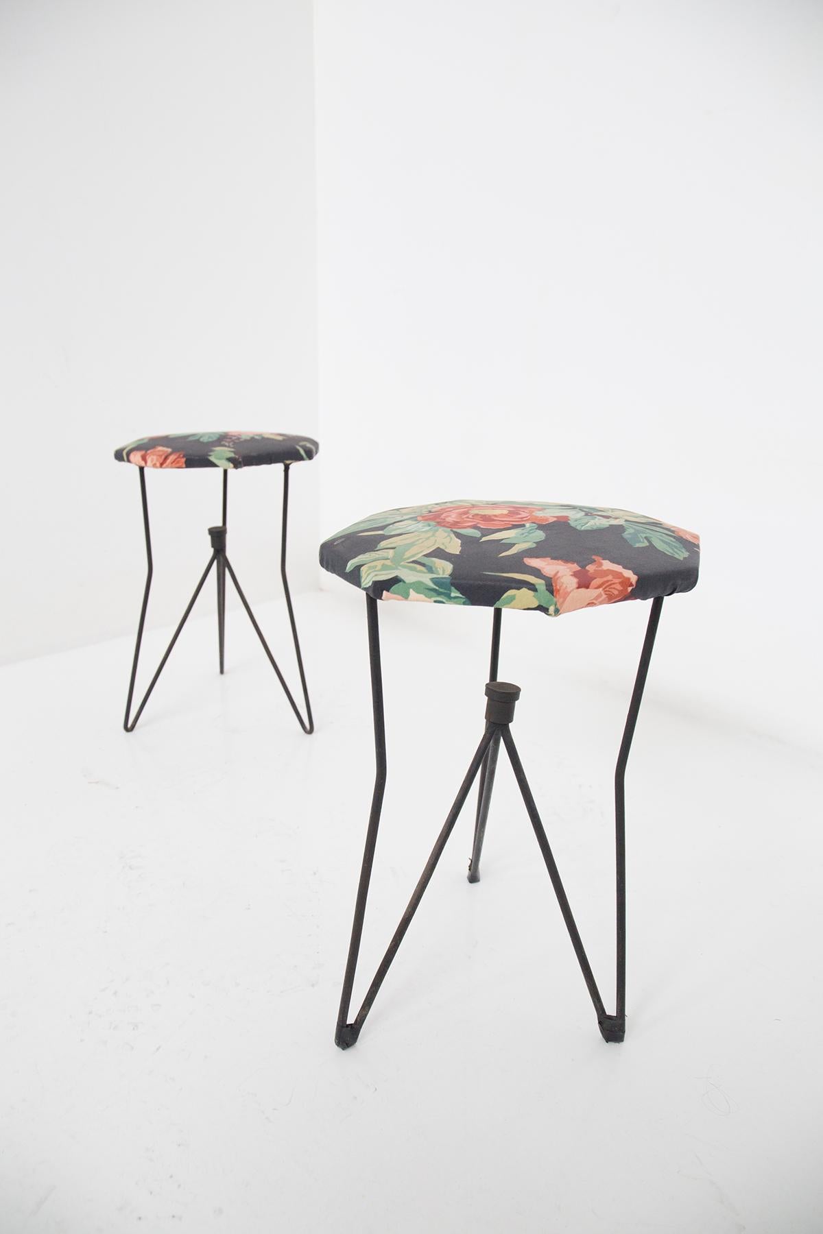 Vintage Metal and Fabric Floral Stools for Rima att. Gio Ponti For Sale 1