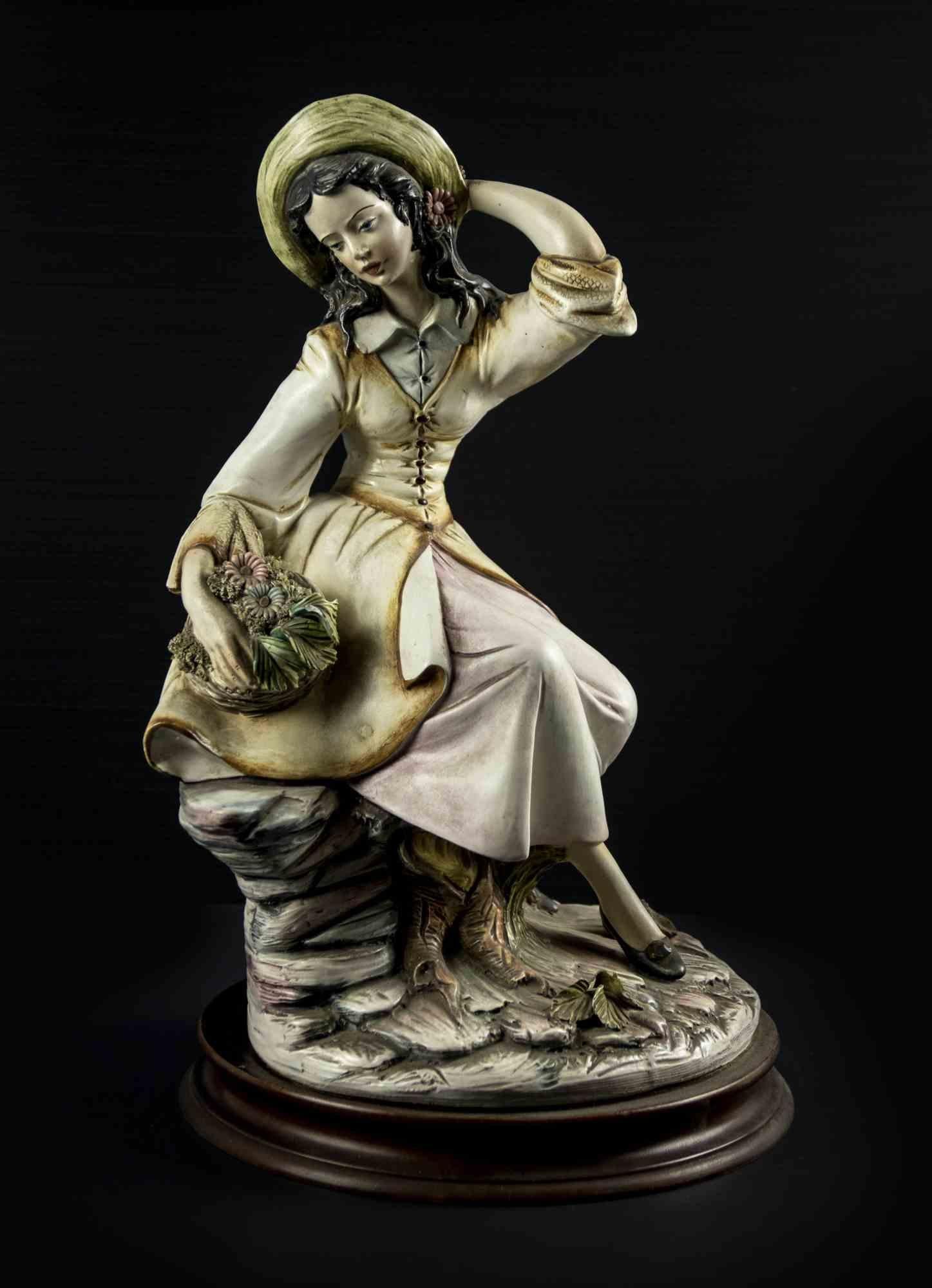 Italiano Vintage Metal and Wood Scultpure of Young Girl, Mid-20th Century in vendita