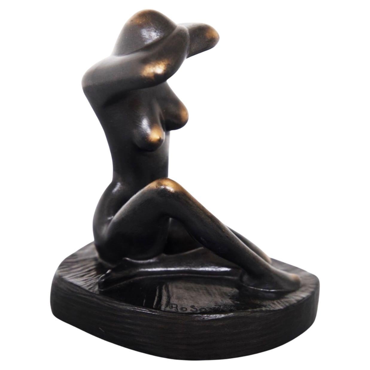 Vintage Metal and Wooden Statue of a Naked Woman, Signed For Sale