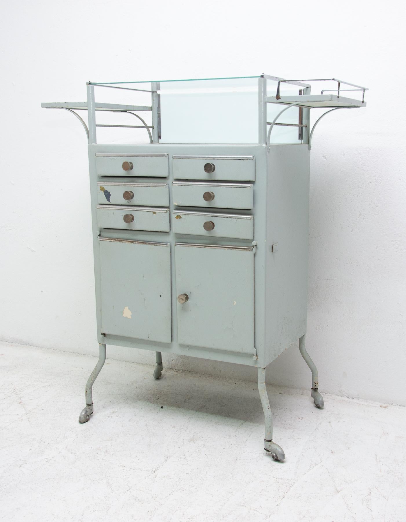 Industrial Vintage Metal Apothecary Cabinet on Wheels, 1960s