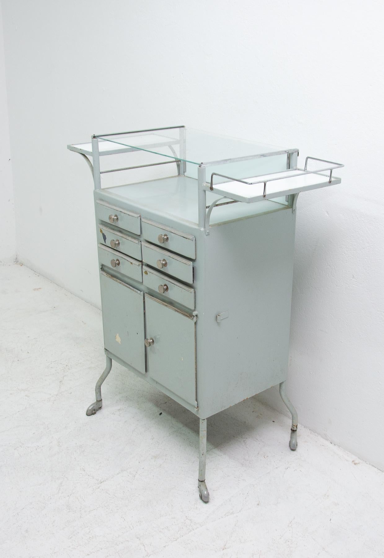 Czech Vintage Metal Apothecary Cabinet on Wheels, 1960s