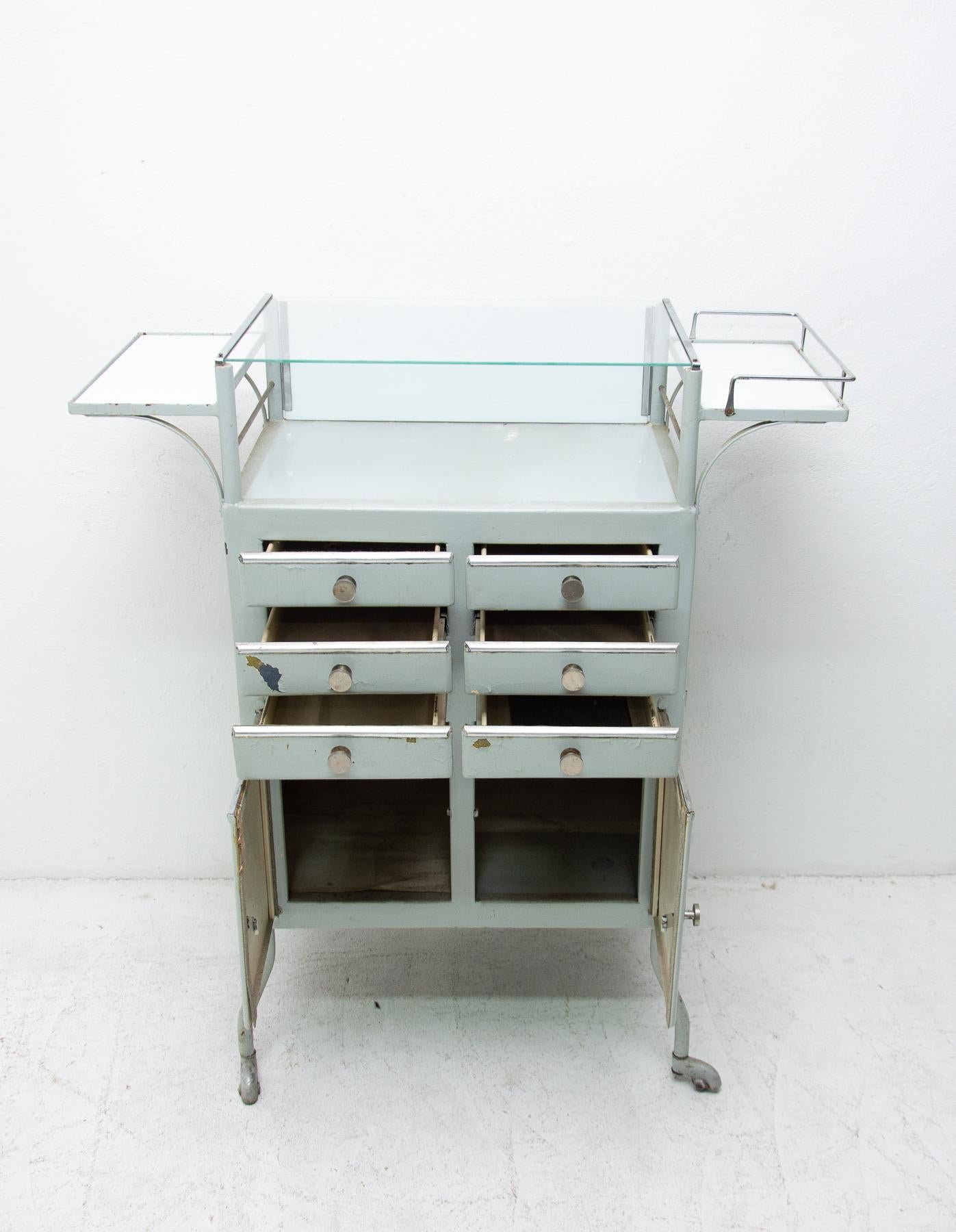 Glass Vintage Metal Apothecary Cabinet on Wheels, 1960s