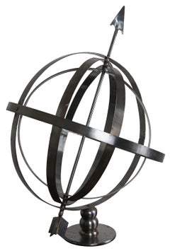 Vintage Metal Armillary Globe Sphere with Arrow Celestial Sculpture Industrial