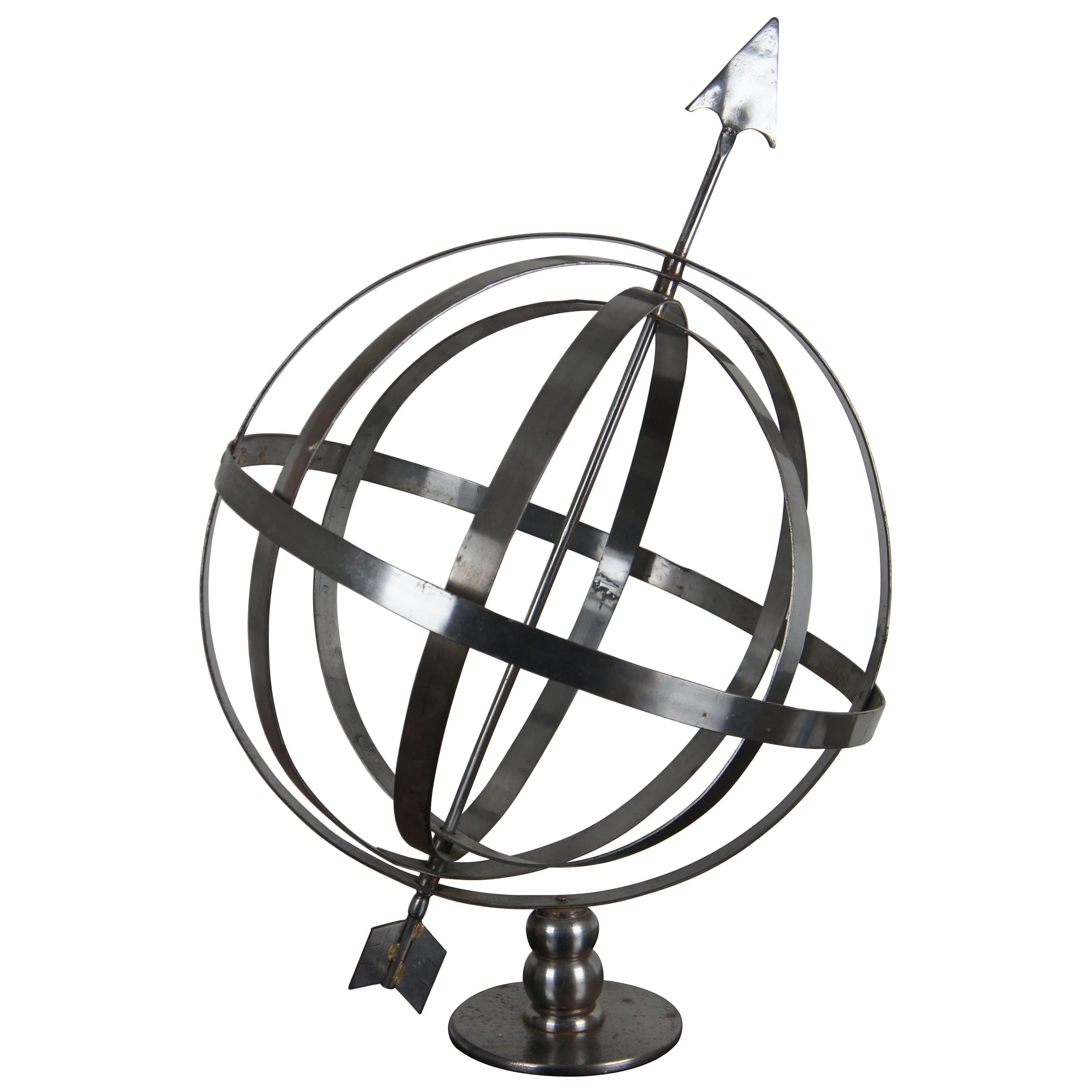 Vintage Metal Armillary Globe Sphere with Arrow Celestial Sculpture Industrial