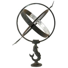 Vintage Metal Armillary With Fish Base