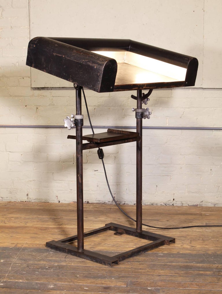 Vintage Metal Art Deco Modern Lighted Lectern Podium Pedestal Stand at