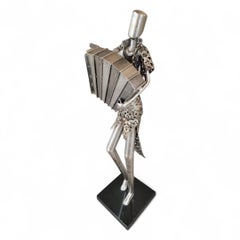 Vintage Metal Art Organ Player Statue On Black Base Figurative Sculpture