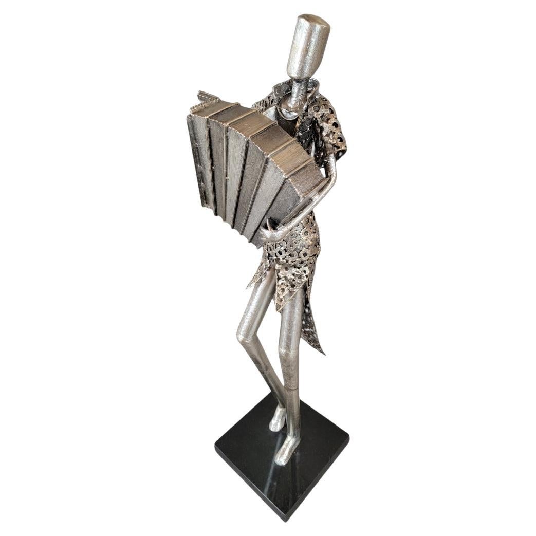 Vintage Metal Art Organ Player Statue On Black Base Figurative Sculpture