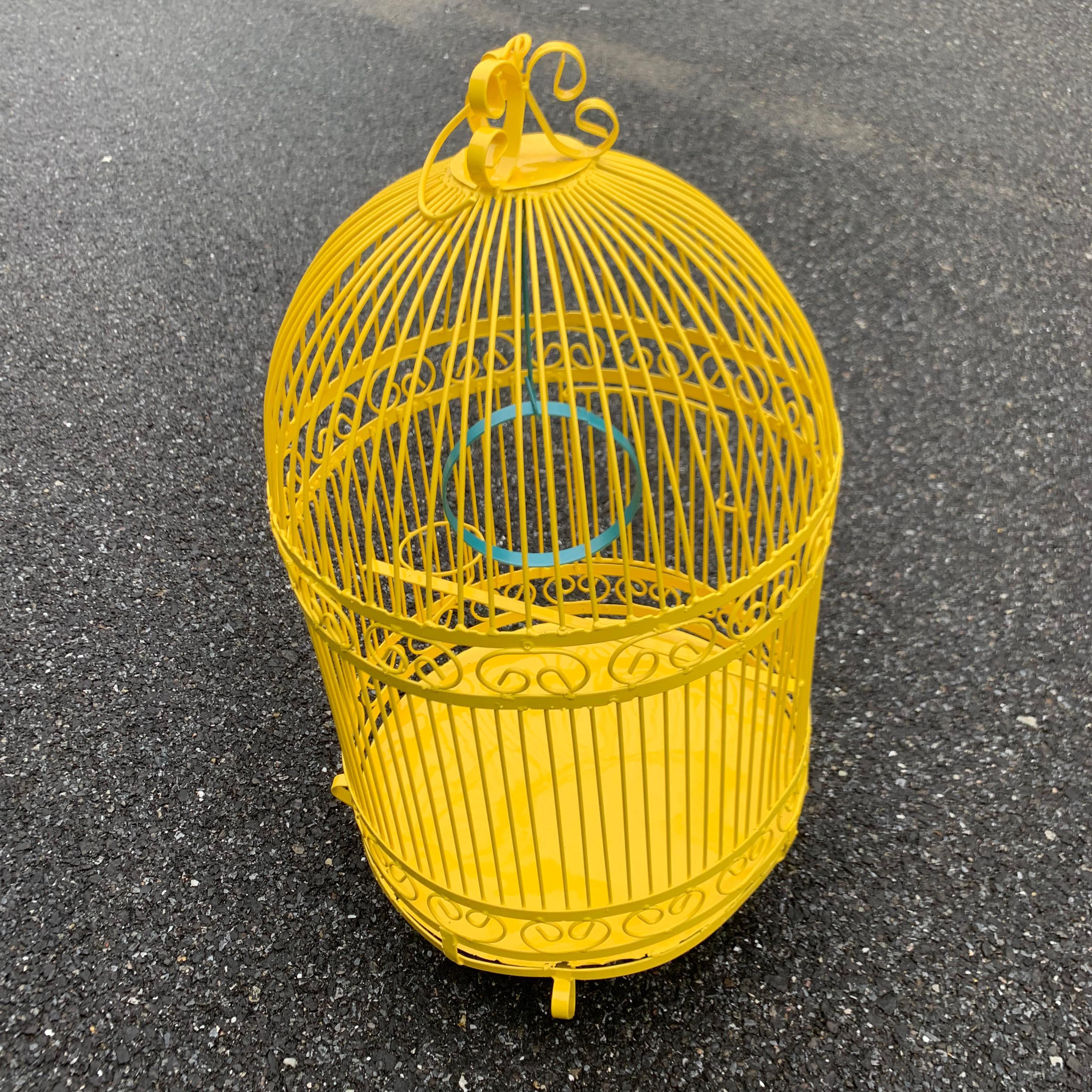 Vintage Metal Birdcage on Stand, Newly Powder-Coated in Bright Sunshine Yellow 1