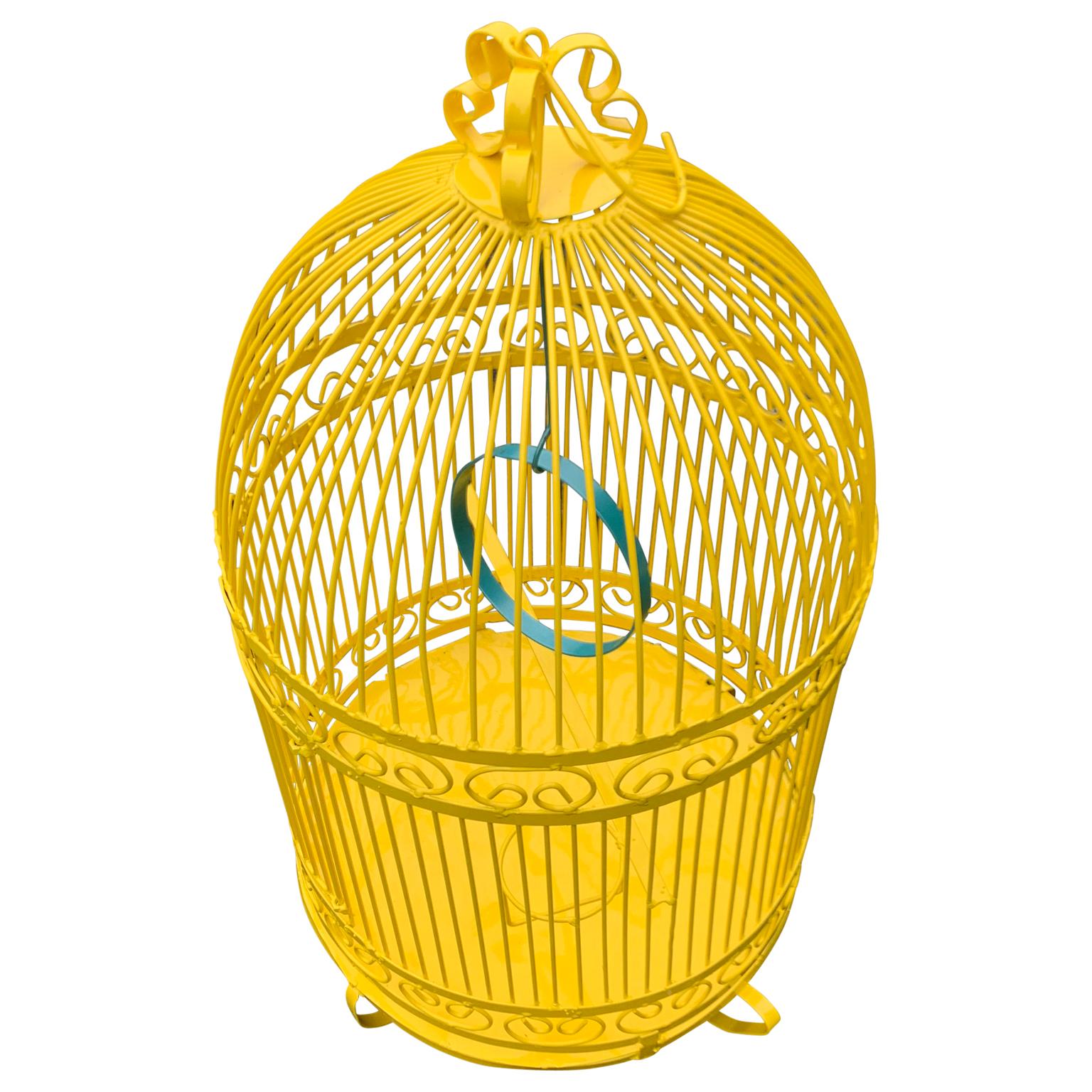 American Vintage Metal Birdcage on Stand, Newly Powder-Coated in Bright Sunshine Yellow