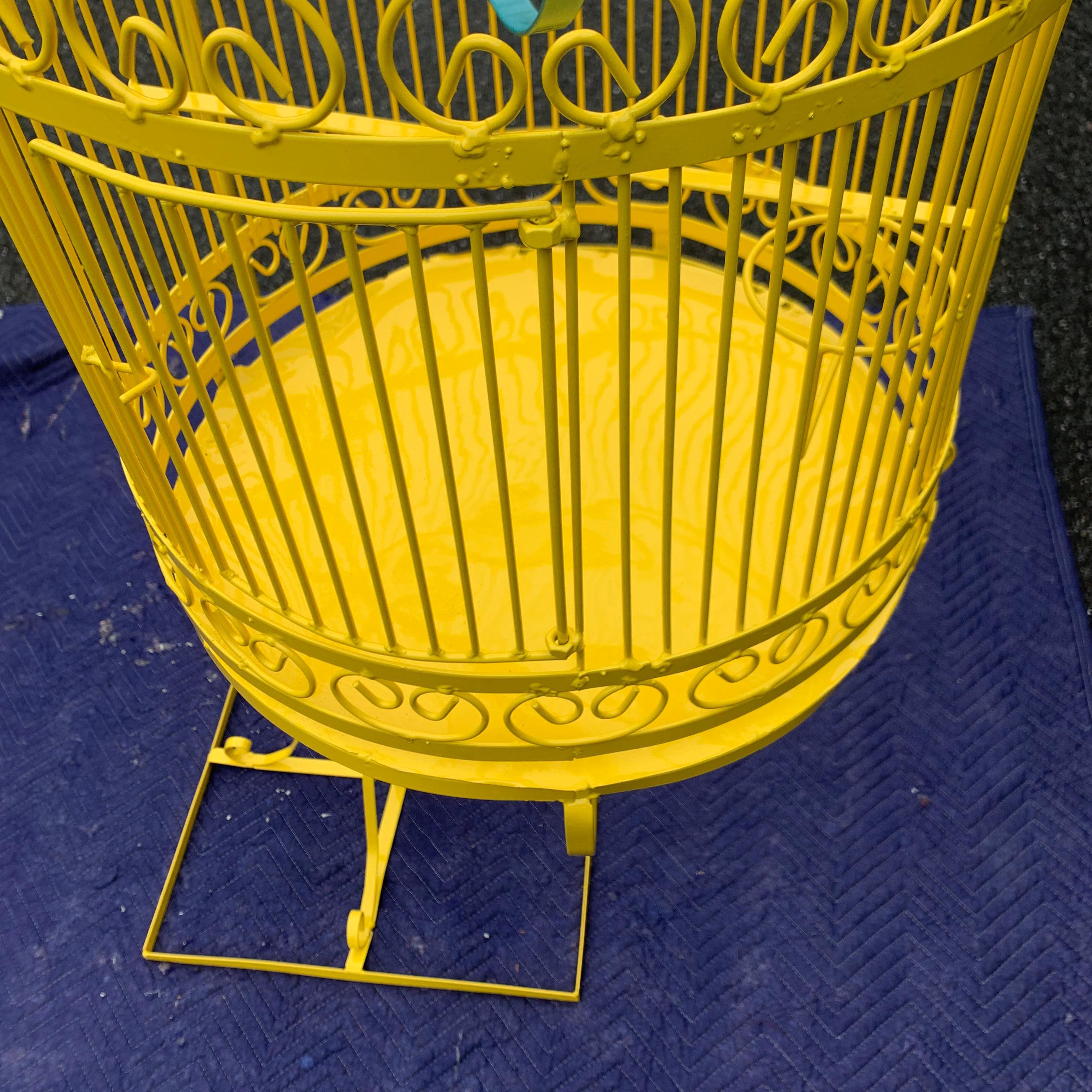 Vintage Metal Birdcage on Stand, Newly Powder-Coated in Bright Sunshine Yellow In Good Condition In Haddonfield, NJ