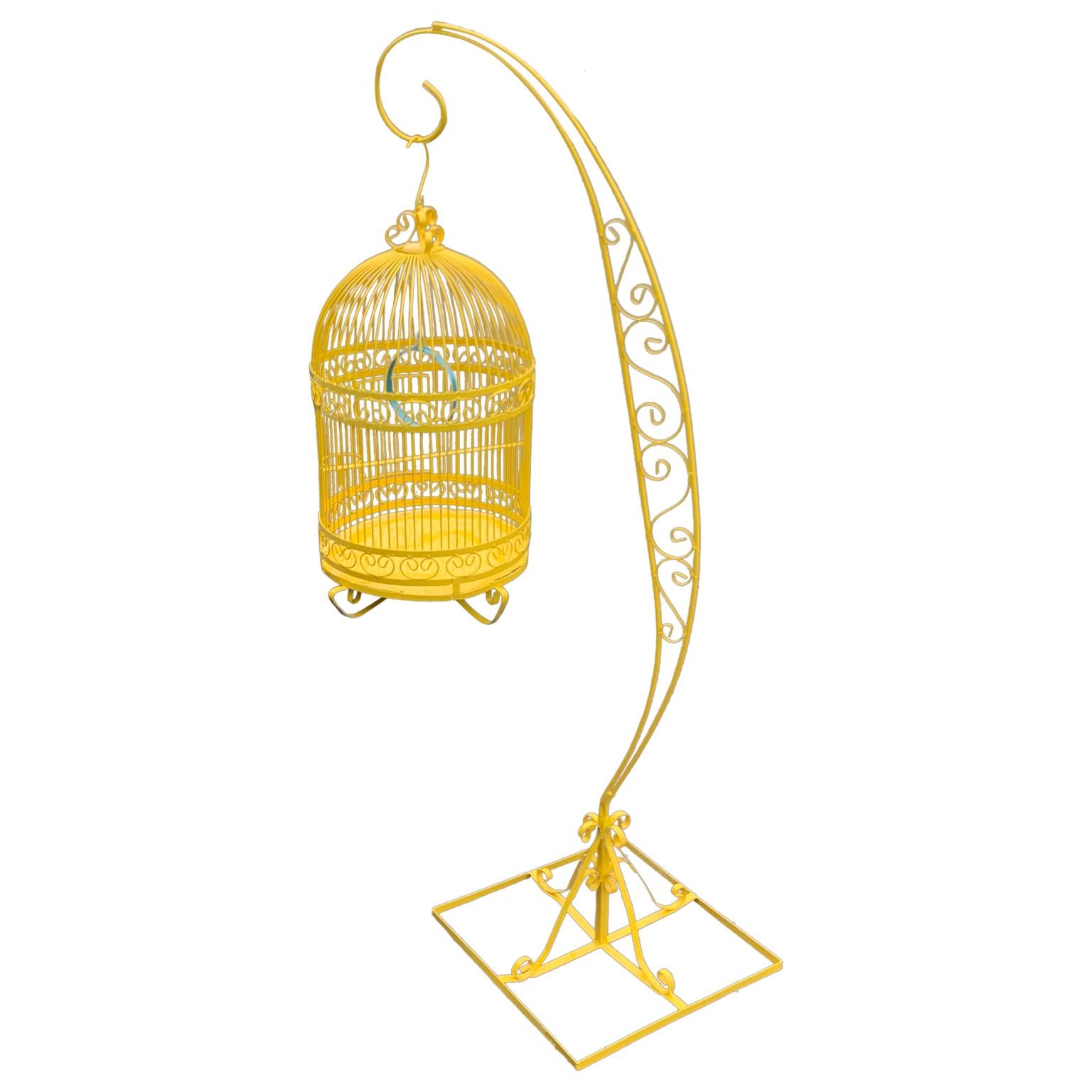 Vintage Metal Birdcage on Stand, Newly Powder-Coated in Bright Sunshine Yellow