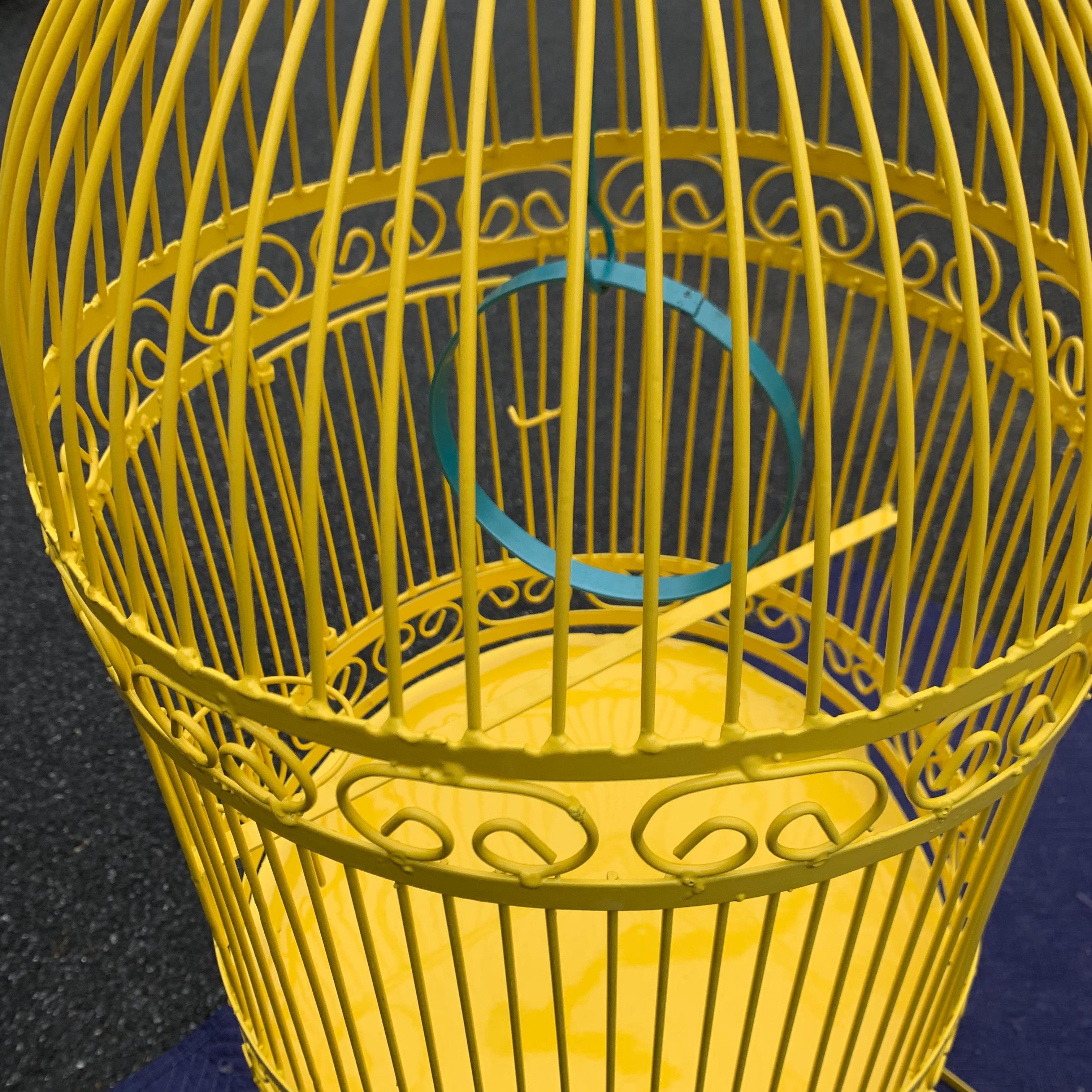 Vintage Metal Birdcage On Stand, Newly Powder-Coated In Bright Sunshine Yellow 3