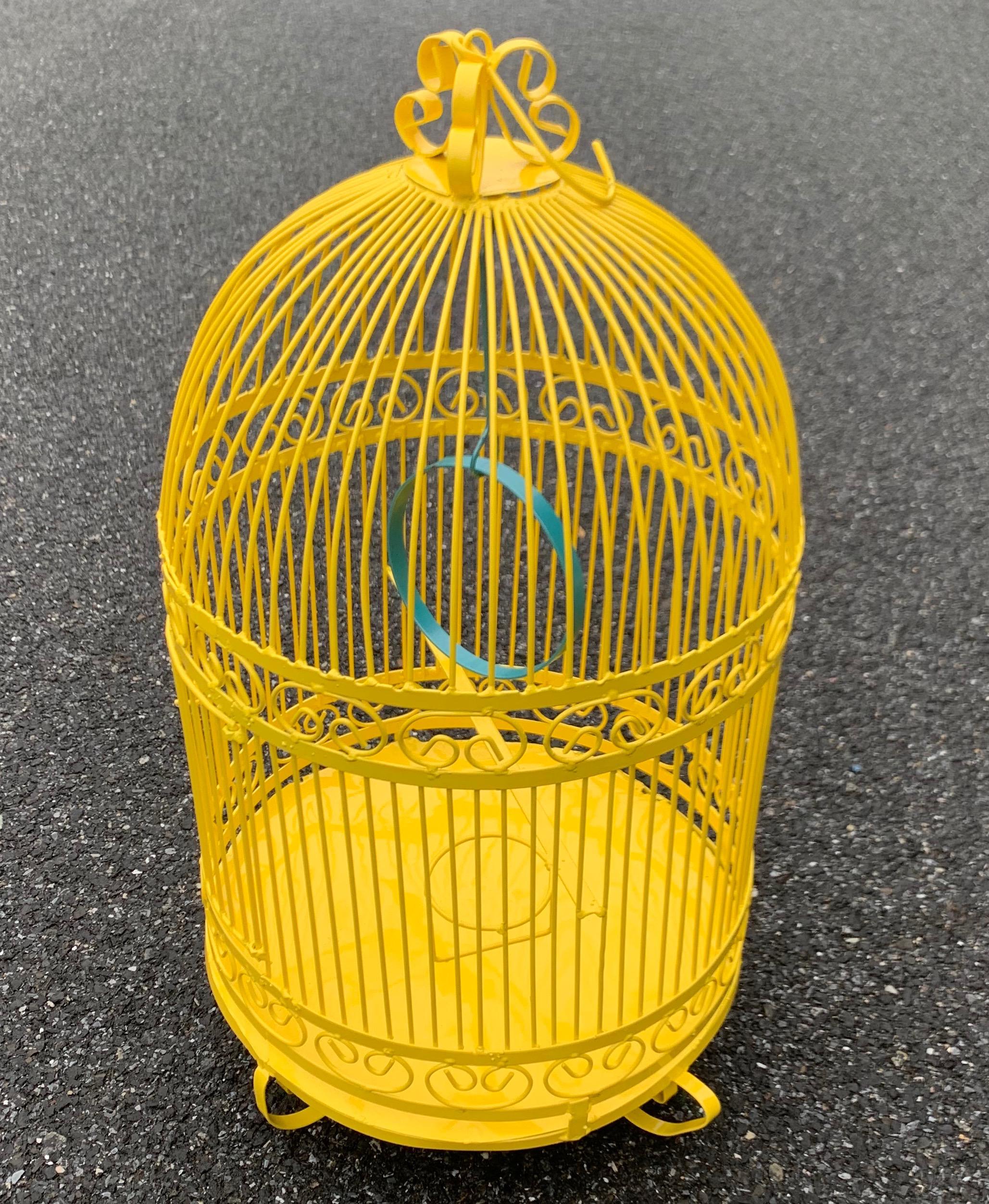 Vintage Metal Birdcage On Stand, Newly Powder-Coated In Bright Sunshine Yellow 7