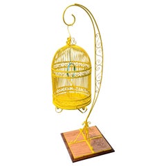 Vintage Metal Birdcage On Stand, Newly Powder-Coated In Bright Sunshine Yellow