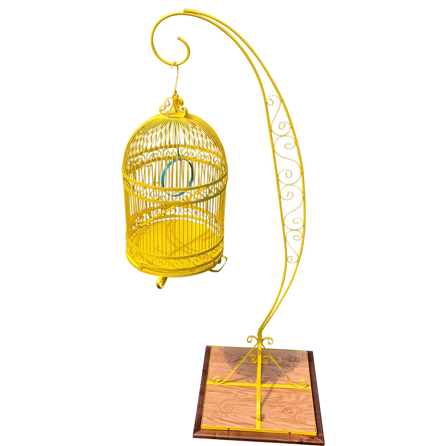 Modern Vintage Metal Birdcage On Stand, Newly Powder-Coated In Bright Sunshine Yellow