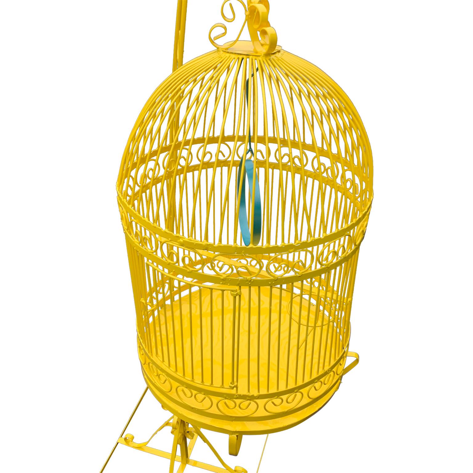 American Vintage Metal Birdcage On Stand, Newly Powder-Coated In Bright Sunshine Yellow