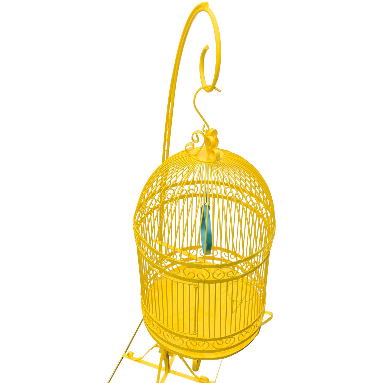 Vintage Metal Birdcage On Stand, Newly Powder-Coated In Bright Sunshine Yellow In Good Condition In Haddonfield, NJ