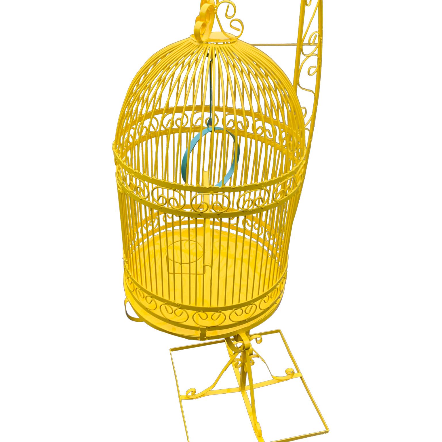 20th Century Vintage Metal Birdcage On Stand, Newly Powder-Coated In Bright Sunshine Yellow