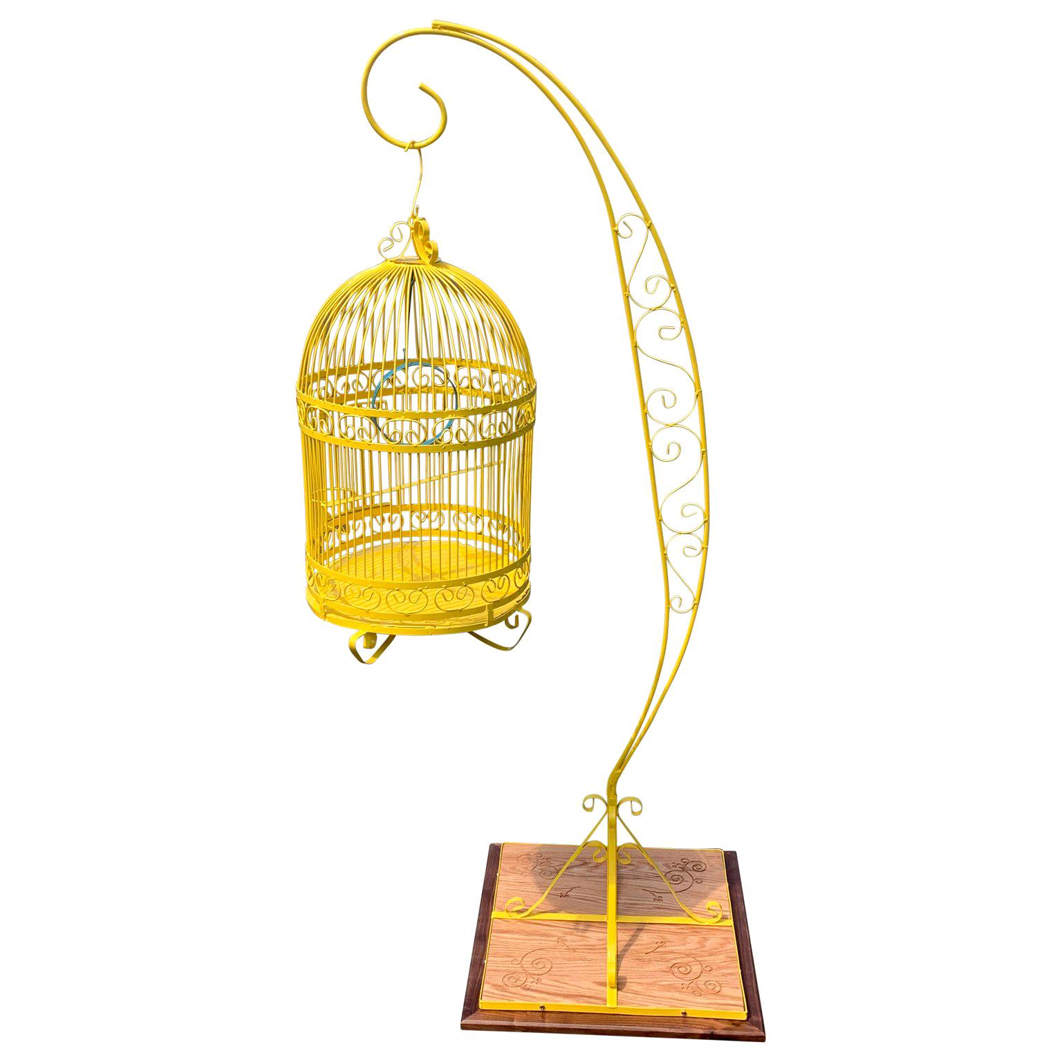 Vintage Metal Birdcage On Stand, Newly Powder-Coated In Bright Sunshine Yellow