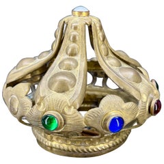 Vintage Metal Brass Crown Sculpture with Colored Stones