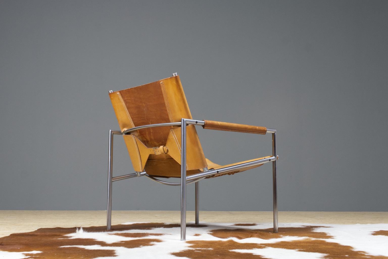 Dutch Vintage Metal, Brown Saddle Leather Lounge Chair Sz02 by Martin Visser Spectrum