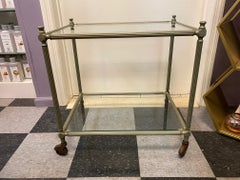 Vintage Metal Cart/End Table on Wheels with Glass Shelves
