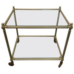 Vintage Metal Cart/End Table on Wheels with Glass Shelves