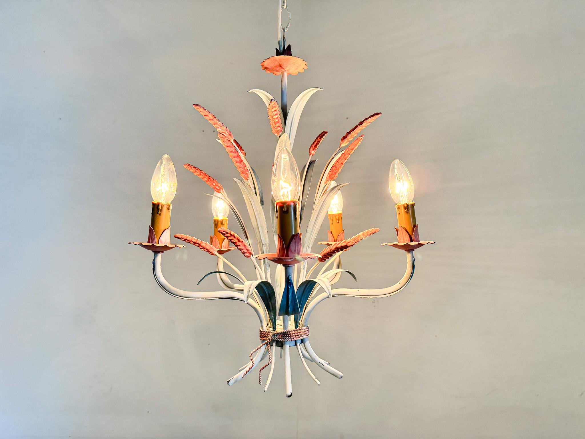 Mid-century chandelier made of metal. Produced in Italy in the 1970's. Bulbs: 5 x E14. US wiring compatible.