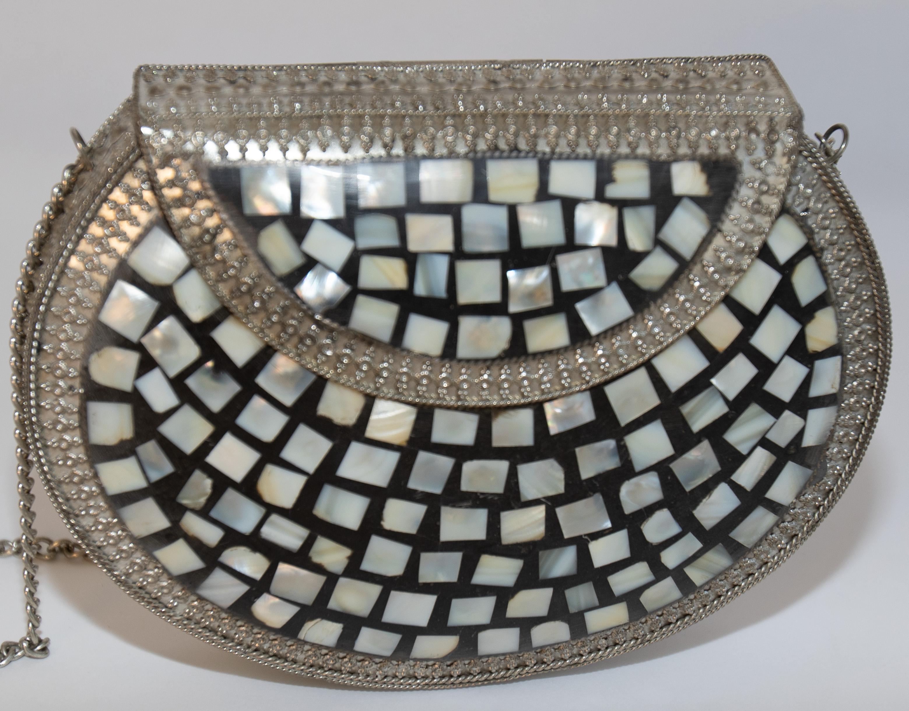 Gray Vintage Metal Clutch with Shell Ornate 1970's