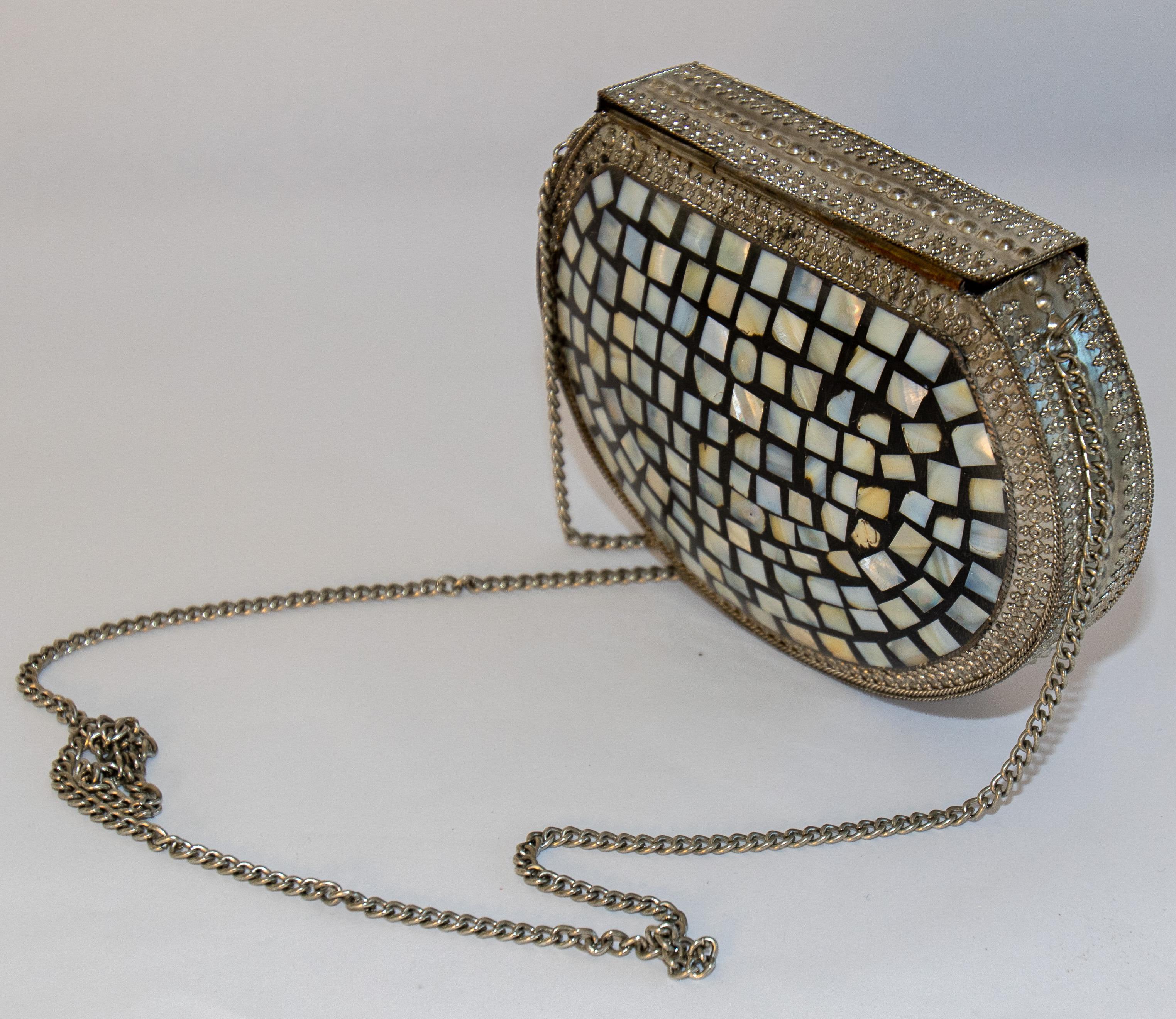 Women's or Men's Vintage Metal Clutch with Shell Ornate 1970's