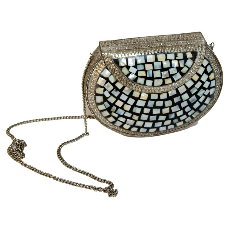 Vintage Metal Clutch with Shell Ornate 1970's at 1stDibs  vintage metal clutch  purse, vintage mother of pearl clutch