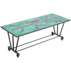 Vintage Metal Coffee Table with Enameled Green Ceramic Top
