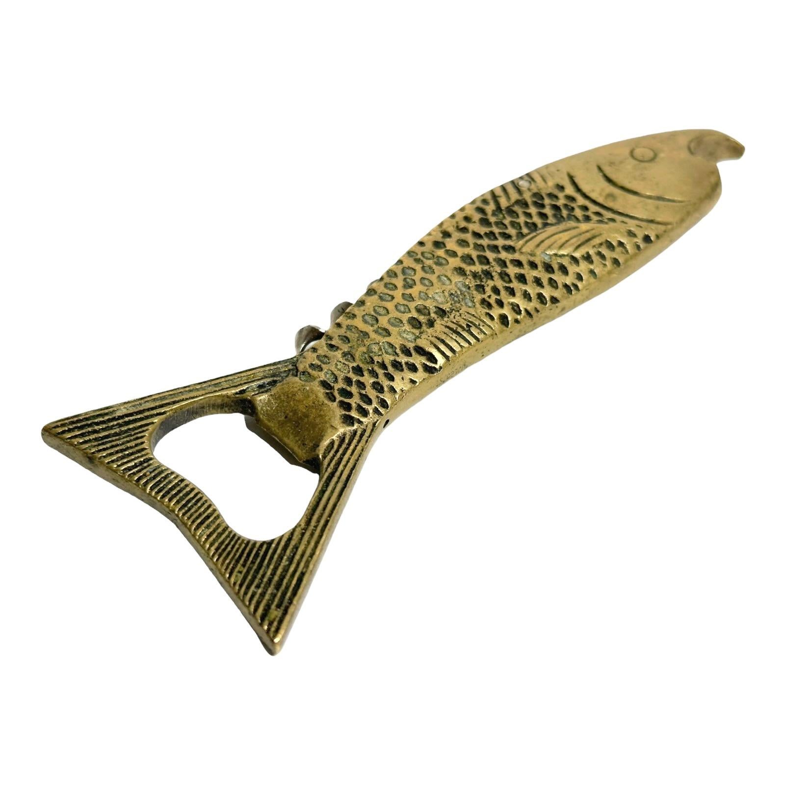 Bronze Vintage Metal Fish Corkscrew Bottle Opener MidCentury Modern Breweriana Barware