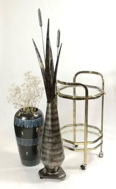 Vintage Large Metal Floor Vase with Metal Cattail Plant Pieces 1980's