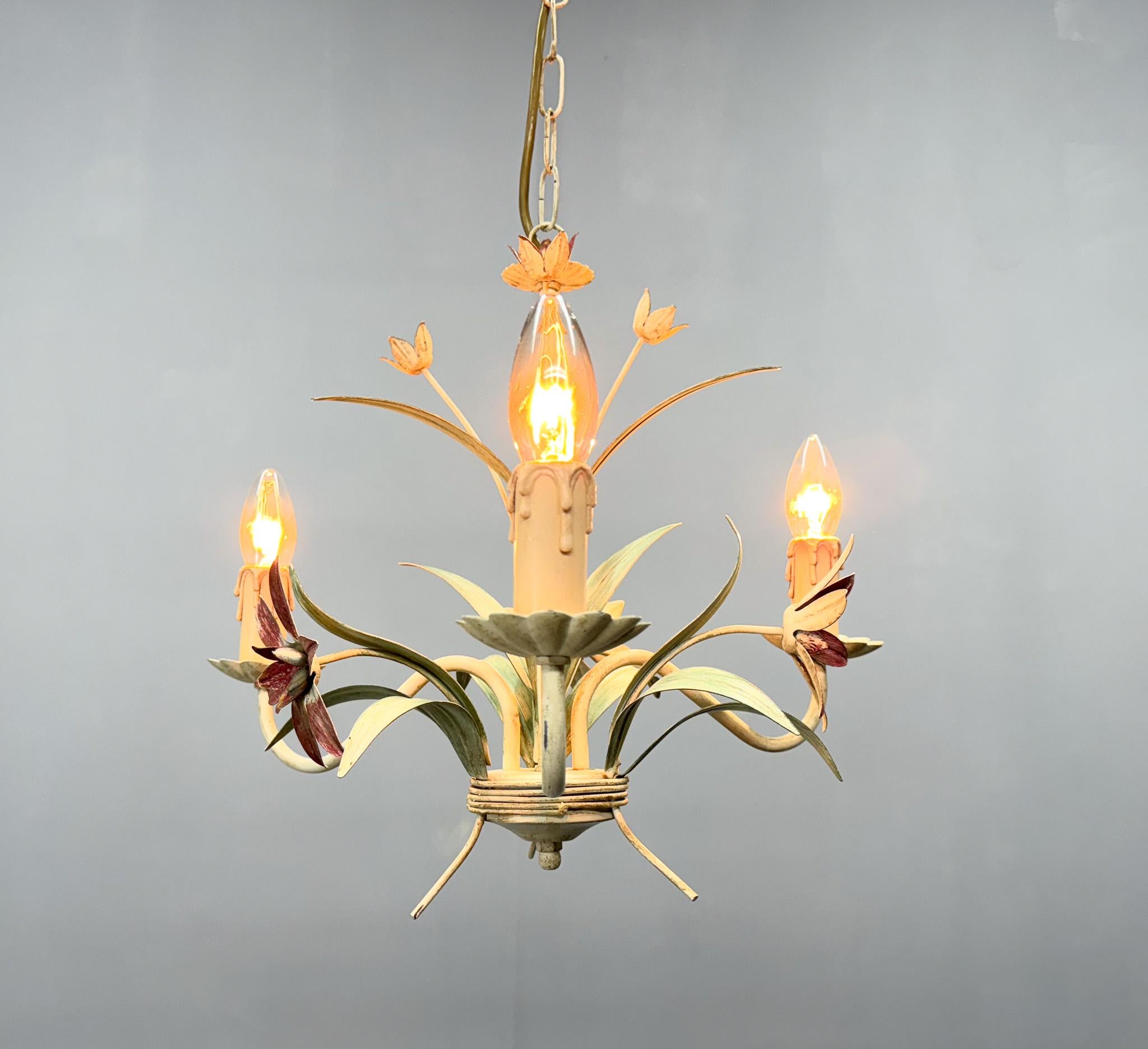 Vintage Metal Floral Chandelier, France, 1970's For Sale 6