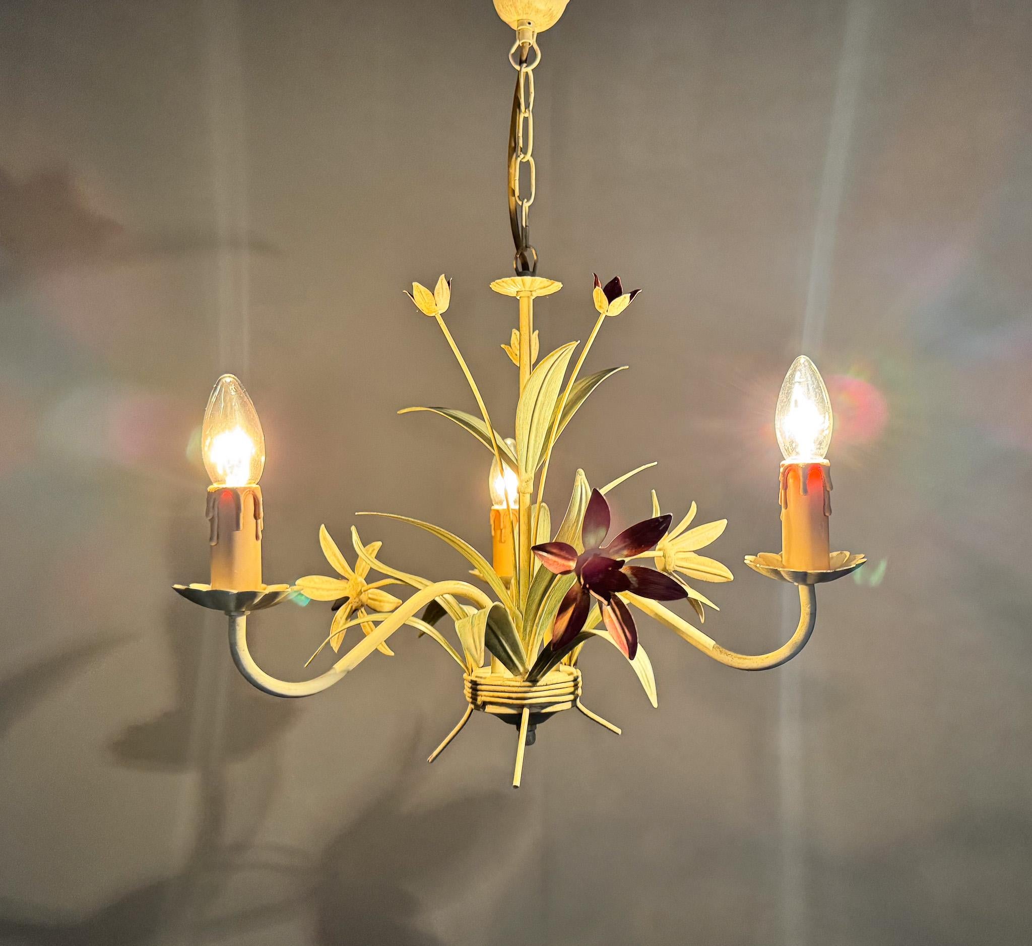 French Vintage Metal Floral Chandelier, France, 1970's For Sale