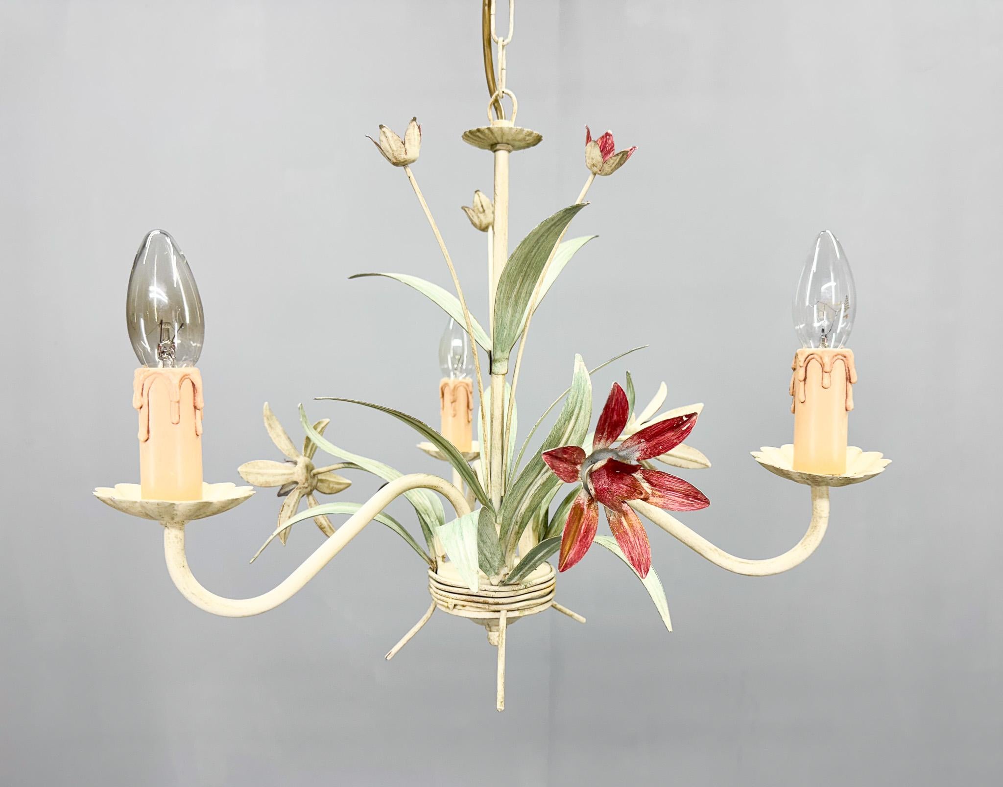 Late 20th Century Vintage Metal Floral Chandelier, France, 1970's For Sale